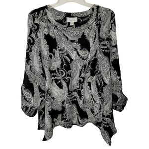 Simply Emma Black/White Paisley Roll Tab Long Sleeves Hanky Hem Boho 2X Workwear